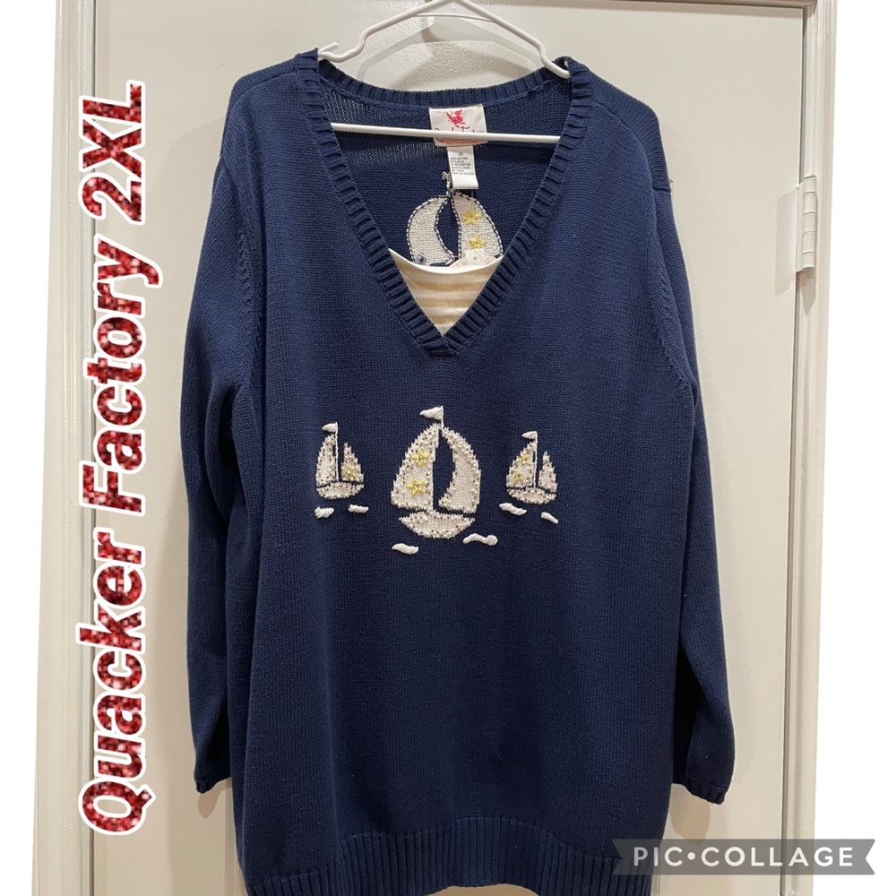 Navy Blue & Metallic Gold V-Neck Nautical Sweater w Sailboat Design  SZ: 2XL NWT - Picture 2 of 13